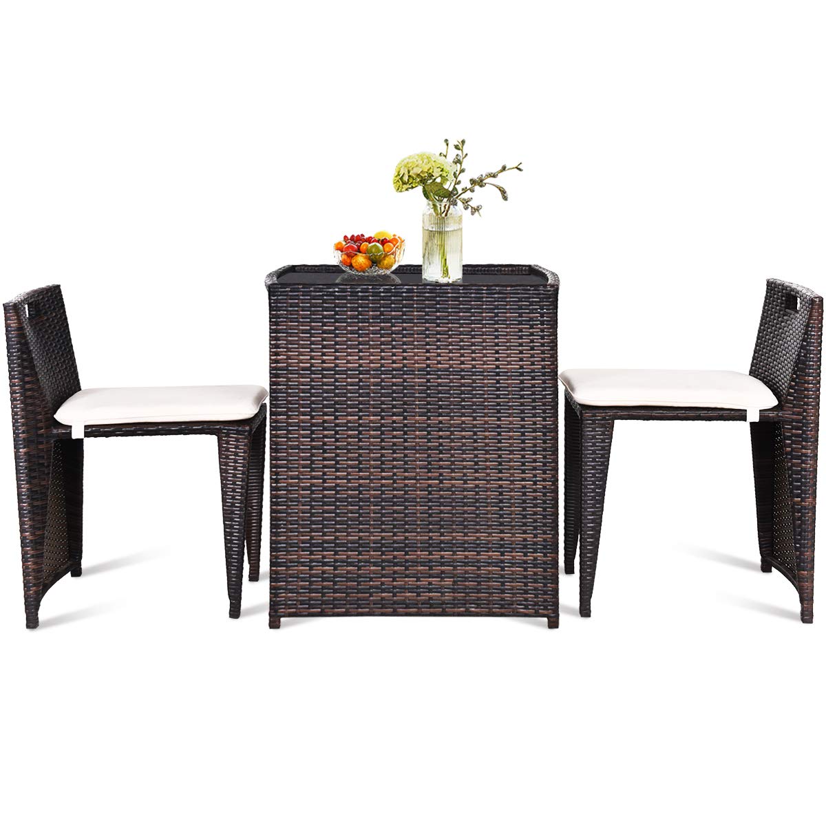 Tangkula Ensemble de salle à manger extérieur 3 pièces en rotin (marron)